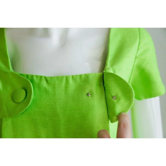 Vintage 60s LINEN Chartreuse Green A line Midi  Dress S - Picture 7 of 12